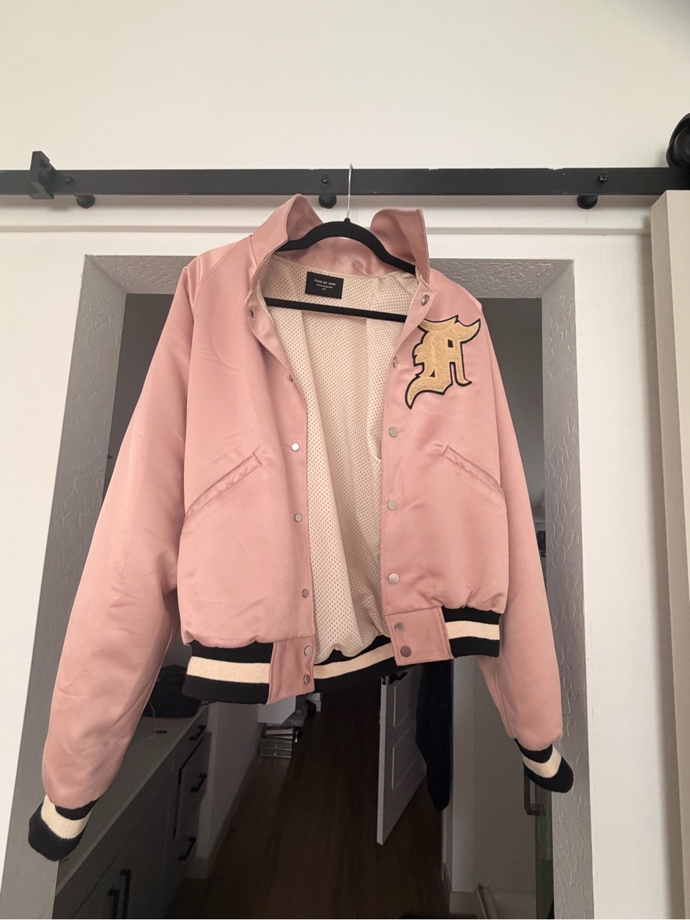 Fear of God Pink Varsity Jacket with Black & Cream Trim Fifth Collection 2017